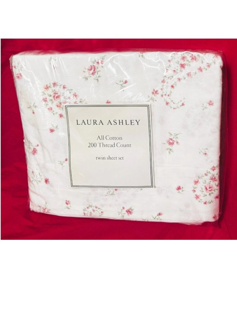 NEW~TWIN sz Sheet Set~Laura Ashley shabby chic pink/red petit roses~100% COTTON